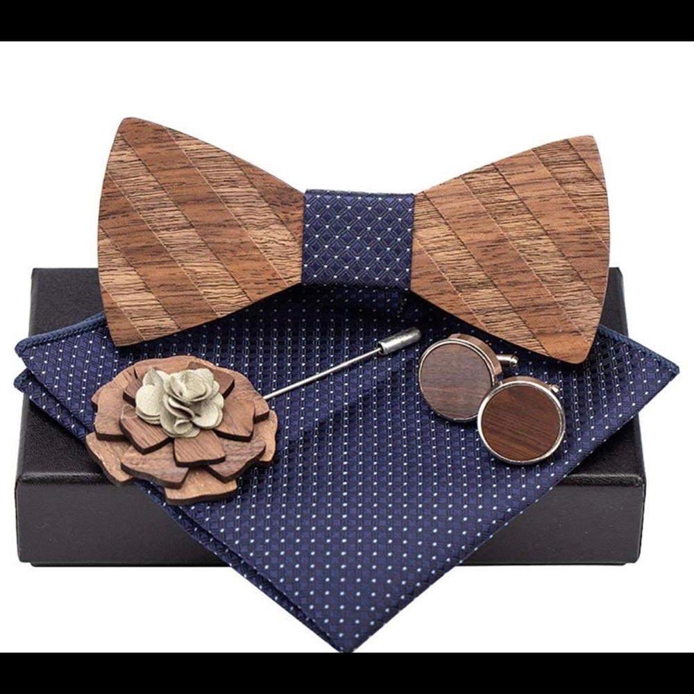 Mens Handmade Wood Bowtie Lapel Pin Pocket Square